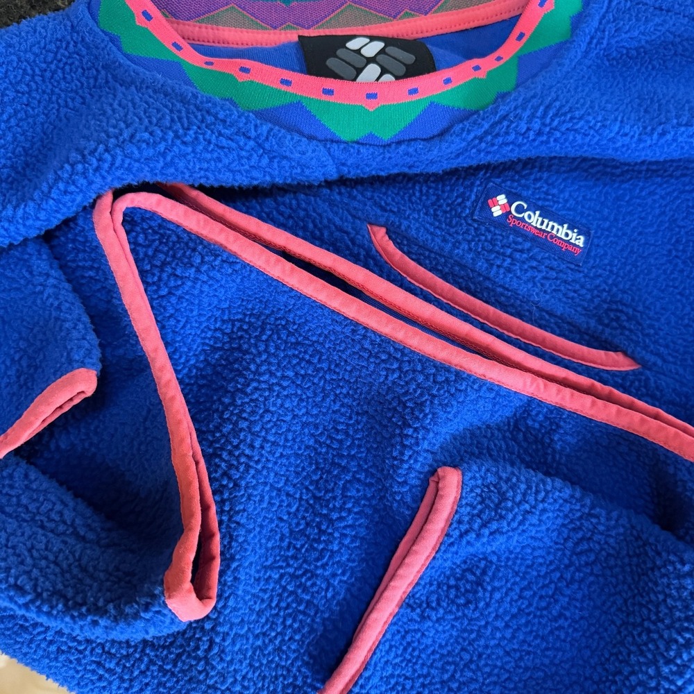 Vtg Columbia‎ fleece pullover aztec sothwestern trim neon blue L - Picture 11 of 11